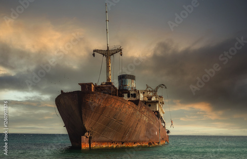 Panoramic photo of a stranded ship with boys playing