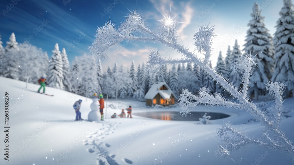 Illustration of Snow-Covered with Skaters and Skiers in a Serene Winter Countryside, Generative ai Illustration of Snow-Covered with Skaters and Skiers in a Serene Winter Countryside, Generative ai