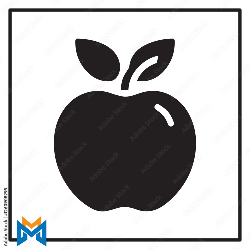 A simple black silhouette of an apple with a leaf on top. A simple black silhouette of an apple with a leaf on top.