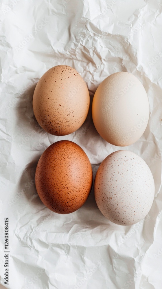 Beautifully arranged chicken eggs of various hues and textures rest on a backdrop of crumpled white paper, showcasing their natural beauty and inviting culinary inspiration for delicious recipes Beautifully arranged chicken eggs of various hues and textures rest on a backdrop of crumpled white paper, showcasing their natural beauty and inviting culinary inspiration for delicious recipes