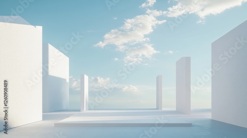 Wallpaper Mural Minimalist 3D architectural design with surreal white forms and geometric shapes, illuminated by soft light, beneath a vast blue sky with cloud patterns. Torontodigital.ca