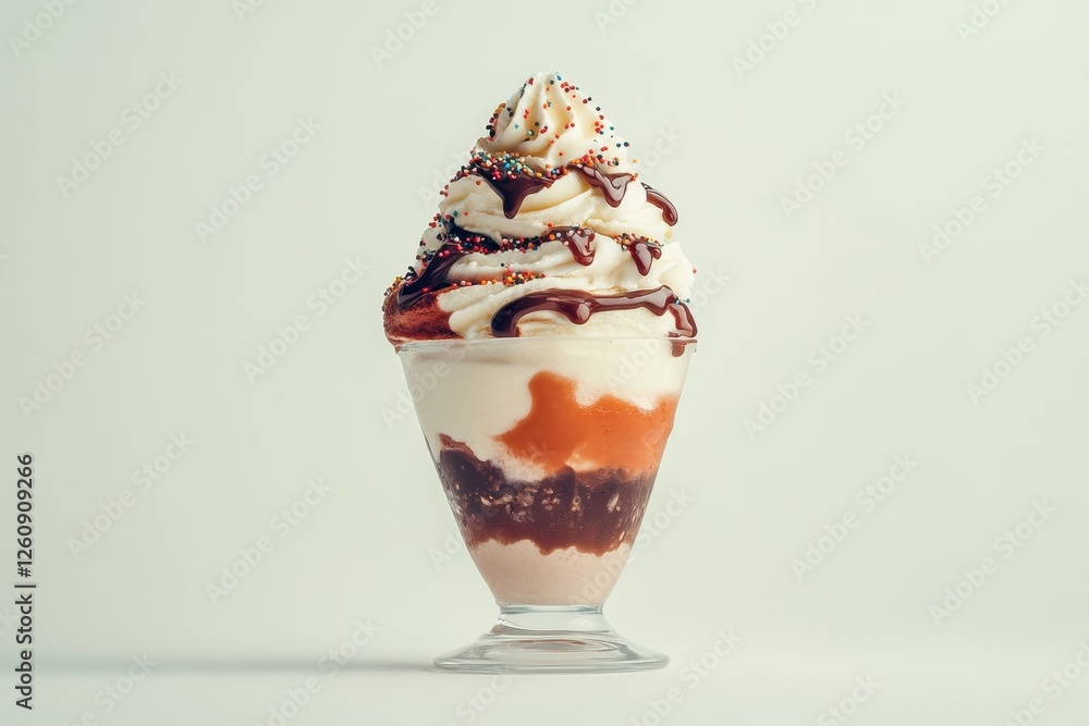 Indulging in a delightful sundae topped with colorful sprinkles and rich chocolate sauce at a cozy dessert shop Indulging in a delightful sundae topped with colorful sprinkles and rich chocolate sauce at a cozy dessert shop