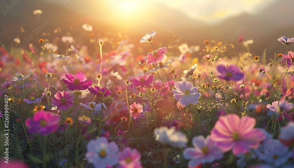 Fototapeta premium Cosmos flowers field with blue sky and white clouds in summer.