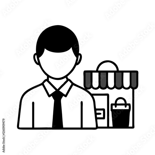 Store manager icon featuring a man with a shop and bag in black and white style, retail management concept