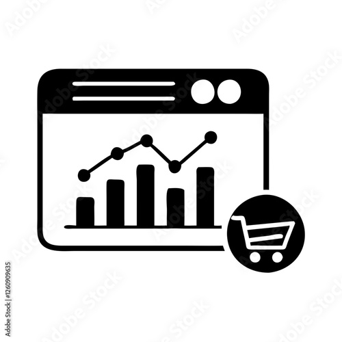 E-commerce analytics with shopping cart icon on desktop screen in black and white style