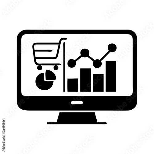 E-commerce analytics icon featuring a shopping cart and graph on a computer screen in black and white style