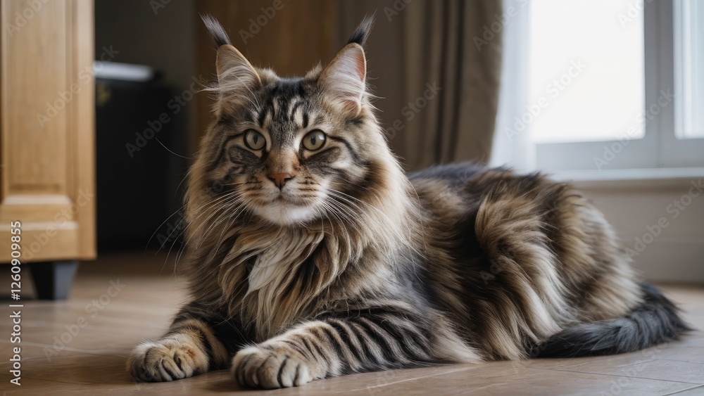 Tabby maine coon cat laying on the floor indoor Tabby maine coon cat laying on the floor indoor