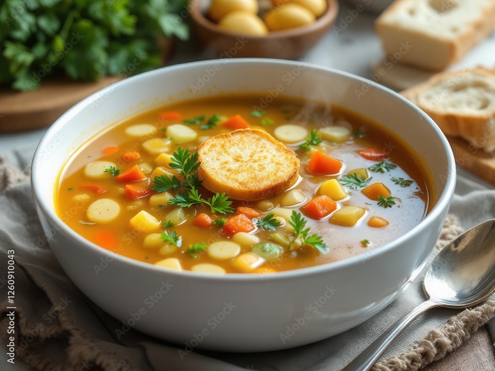 Warm vegetable soup served in a bowl with fresh ingredients nearby Warm vegetable soup served in a bowl with fresh ingredients nearby