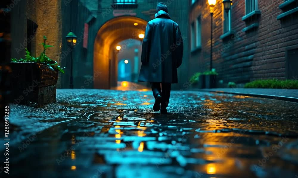 A solitary figure in a trench coat walks through a rainy, dimly lit alleyway at night A solitary figure in a trench coat walks through a rainy, dimly lit alleyway at night