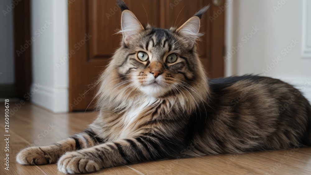 Tabby maine coon cat laying on the floor indoor Tabby maine coon cat laying on the floor indoor