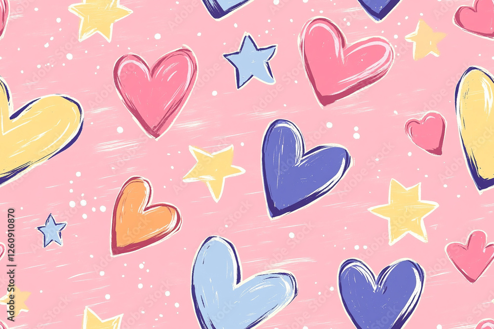 Repeating pattern with hearts and stars, made in a childish style on a pink background, textures, patterns Repeating pattern with hearts and stars, made in a childish style on a pink background, textures, patterns