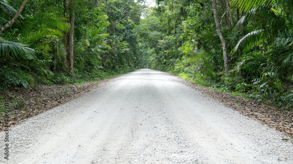 Fototapeta premium Dirt road through lush tropical forest. Possible use nature photography