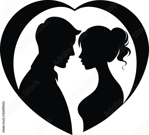 Couple  cameo silhouette head and body. Stylish women and man face and hair silhouette shape with black and white collection. Artistic art drawing of a husbands and wife face icon.