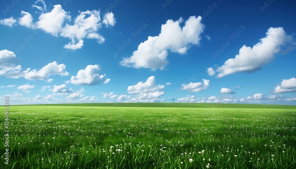 field of green grass and perfect blue sky with white clouds field of green grass and perfect blue sky with white clouds