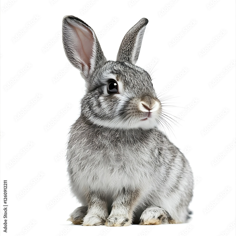 Fototapeta premium Cute grey rabbit sitting, white background, Easter pet