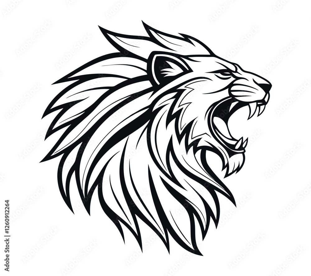 Fototapeta premium A high-contrast black and white vector illustration of a roaring lion's head,