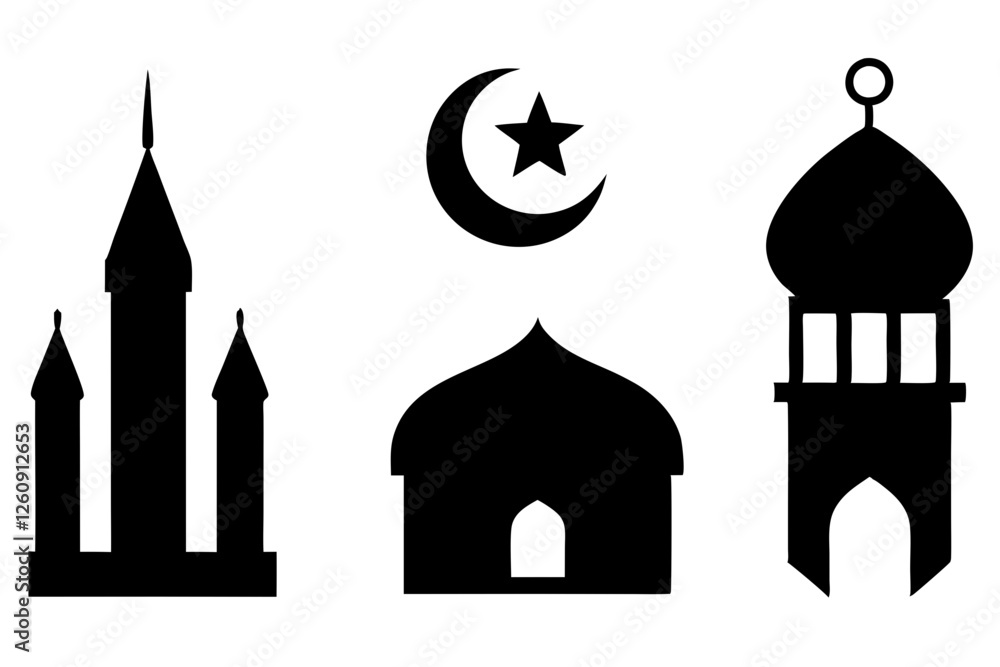 set of Islamic icon vector silhouette illustration, moon icon with star , mosque icon , Eid al-Adha or Eid-ul-Kabir Symbol,islamic icons vector image set of Islamic icon vector silhouette illustration, moon icon with star , mosque icon , Eid al-Adha or Eid-ul-Kabir Symbol,islamic icons vector image