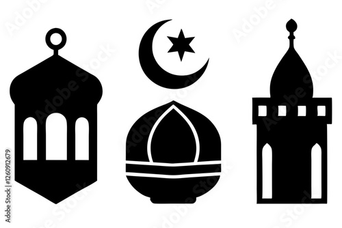 set of Islamic icon vector silhouette illustration, moon icon with star , mosque icon , Eid al-Adha or Eid-ul-Kabir Symbol,islamic icons vector image 