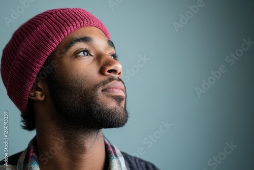 Thoughtful Young Man in a Beanie Against a Soft Background