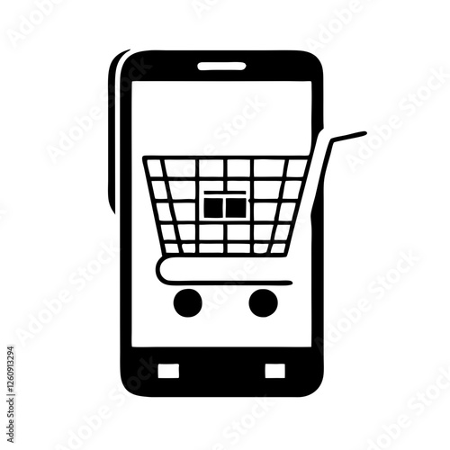 Virtual cart icon depicting a smartphone with shopping cart for online shopping
