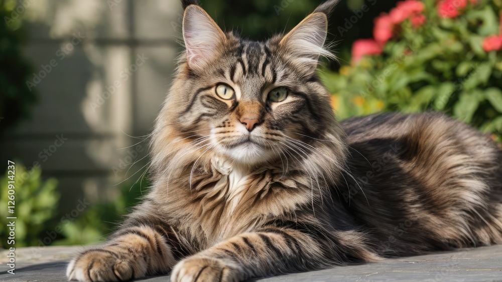 Fototapeta premium Tabby maine coon cat lying outside in the garden