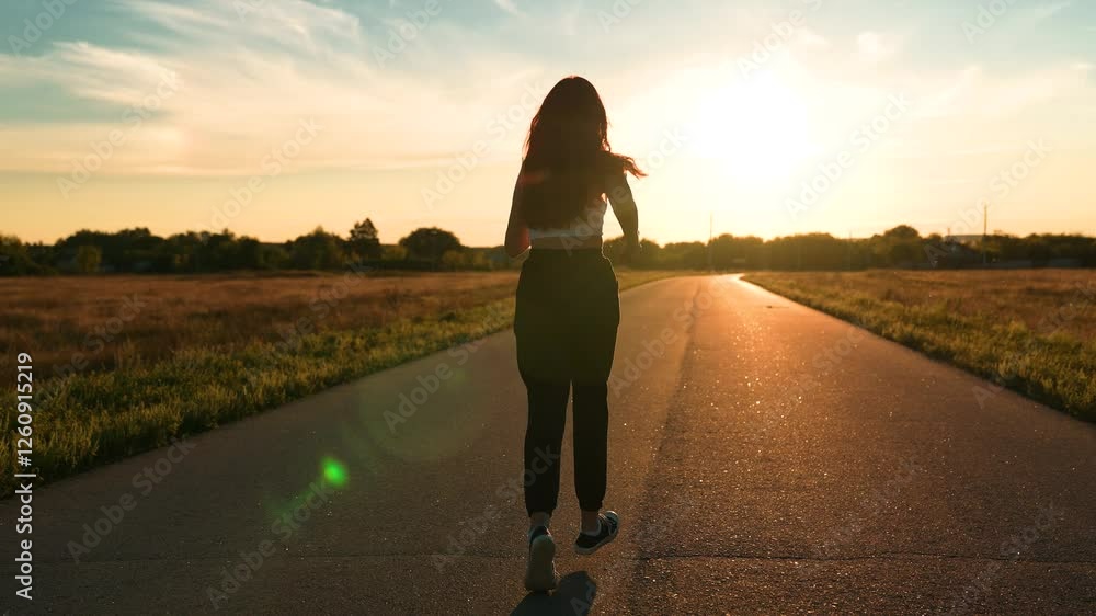 silhouette sports girl running along road sunset, sport training, challenging yourself, running competition, smile relaxation, jogging trail, profile exercises, light training, cardio workout workout silhouette sports girl running along road sunset, sport training, challenging yourself, running competition, smile relaxation, jogging trail, profile exercises, light training, cardio workout workout