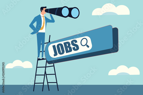 Job seeker on a ladder, binoculars in hand, searching for opportunities.  Modern illustration of the job hunt, career search, and ambition.  'JOBSQ' sign emphasizes the quest for the right job.
