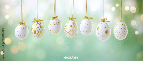 easter celebration holiday greeting card, hanging decorated white golden easter eggs, isolated on green bokeh background, text 