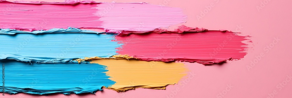 Colorful paint strokes in pink, blue, and yellow against a pink background create a vibrant, artistic texture. Colorful paint strokes in pink, blue, and yellow against a pink background create a vibrant, artistic texture.