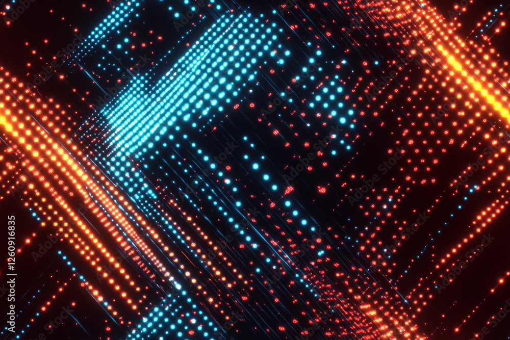 Neon abstract pattern with bright lines and dots on black background for futuristic design, textures, patterns Neon abstract pattern with bright lines and dots on black background for futuristic design, textures, patterns