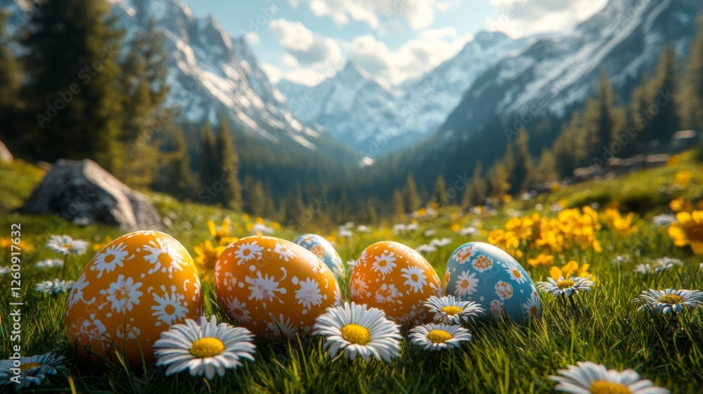 Colorful Easter eggs on the grass, surrounded by daisy flowers. In the background is a forest and mountain landscape. Colorful Easter eggs on the grass, surrounded by daisy flowers. In the background is a forest and mountain landscape.
