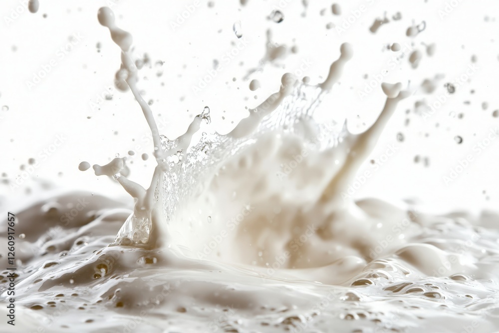 A delightful splash of milk beautifully spread on a white surface A delightful splash of milk beautifully spread on a white surface