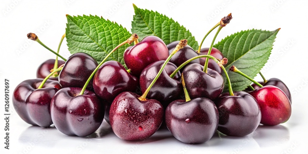 Juicy black cherries with leaves against a white background of fresh summer fruit Juicy black cherries with leaves against a white background of fresh summer fruit