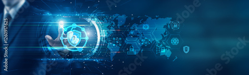 Businessman touching icon and fortifying the frontiers of network security, a critical domain safeguarding digital assets and ensuring the integrity of data in an interconnected world.