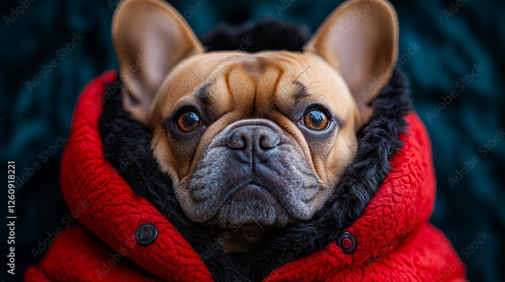 Obraz premium Close-up portrait of a French Bulldog wearing a yellow hooded jacket, isolated against a dark blue background. 