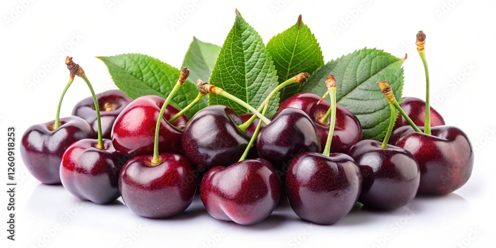 Juicy black cherries with leaves against a white background of fresh summer fruit Juicy black cherries with leaves against a white background of fresh summer fruit