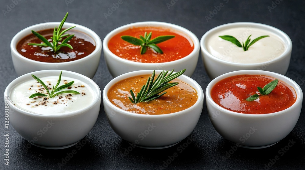 Six savory sauces in bowls, rosemary garnish, dark background; food photography for menus Six savory sauces in bowls, rosemary garnish, dark background; food photography for menus