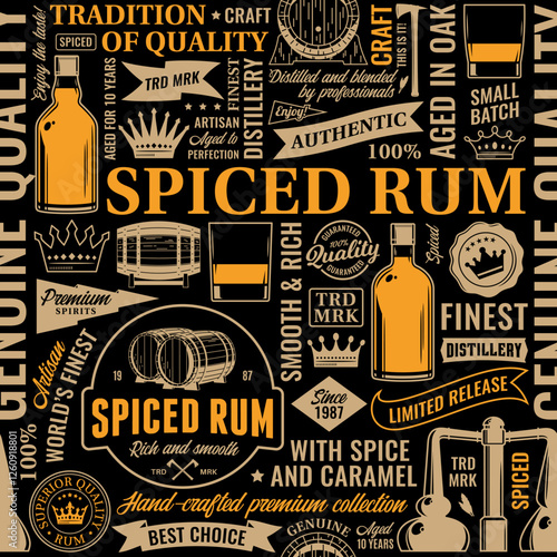 Vector typographic spiced rum seamless pattern or background. Rum and distilling icons, branding and design elements