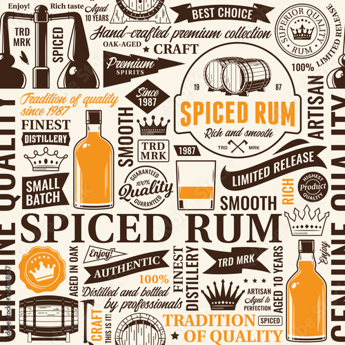 Vector typographic spiced rum seamless pattern or background. Rum and distillery icons and design elements