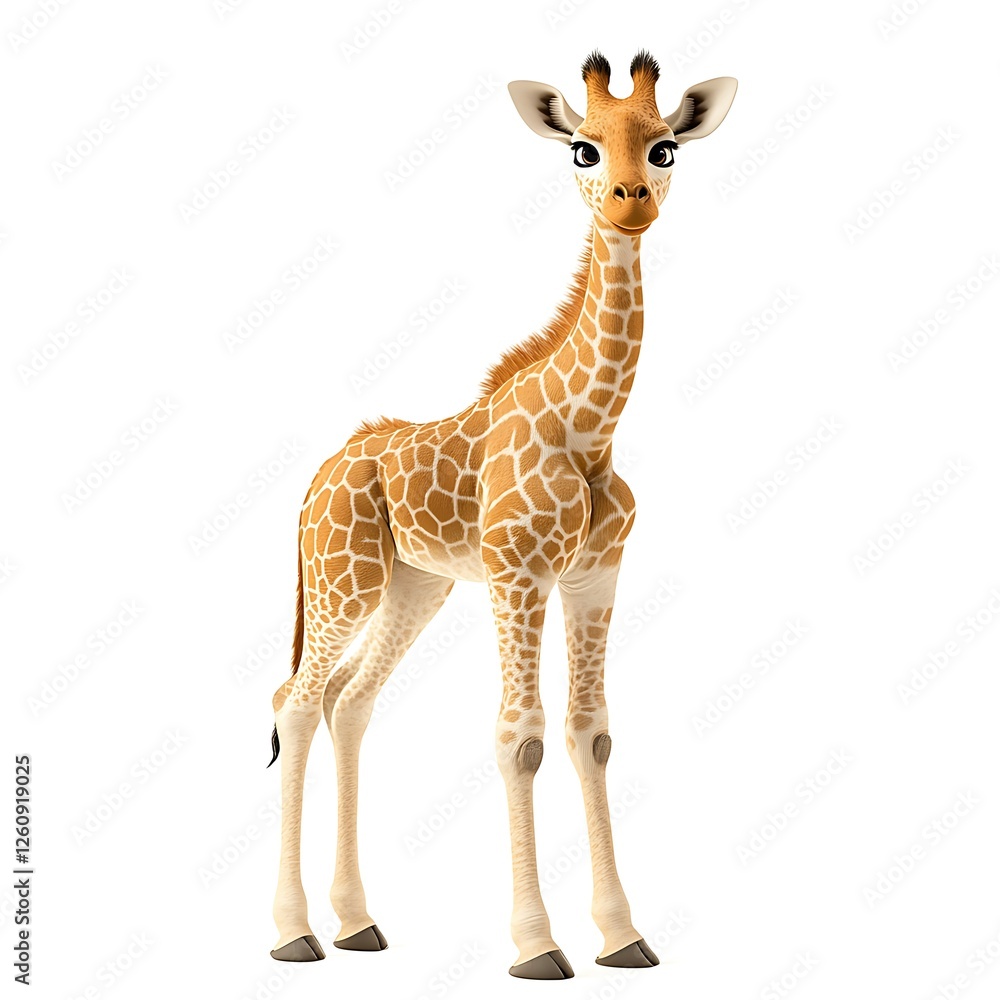 Obraz premium Cute baby giraffe, standing, white background, wildlife illustration, children's book