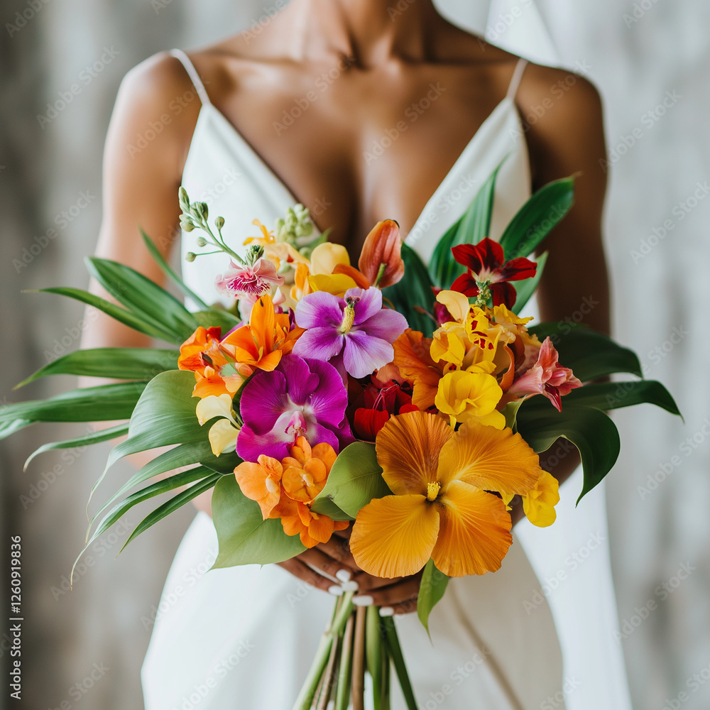 custom made wallpaper toronto digitalBride holding vibrant tropical wedding bouquet with orchids and hibiscus