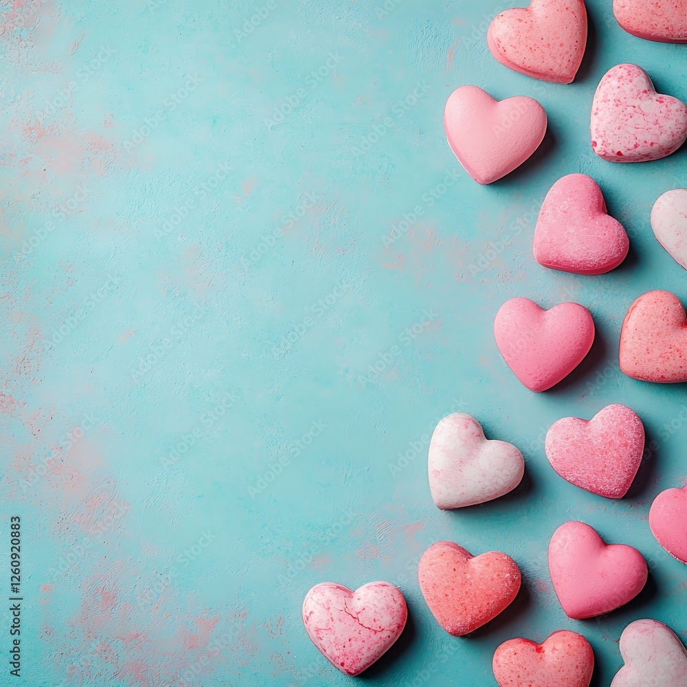 Obraz premium A colorful arrangement of heart-shaped candies in various shades of pink on a textured blue background.