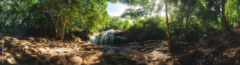 Fototapeta premium A waterfall is surrounded by rocks and trees in a tranquil forest