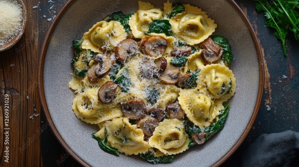 Chestnut Mushrooms and spinach tortellini served with parmesan cheese Chestnut Mushrooms and spinach tortellini served with parmesan cheese