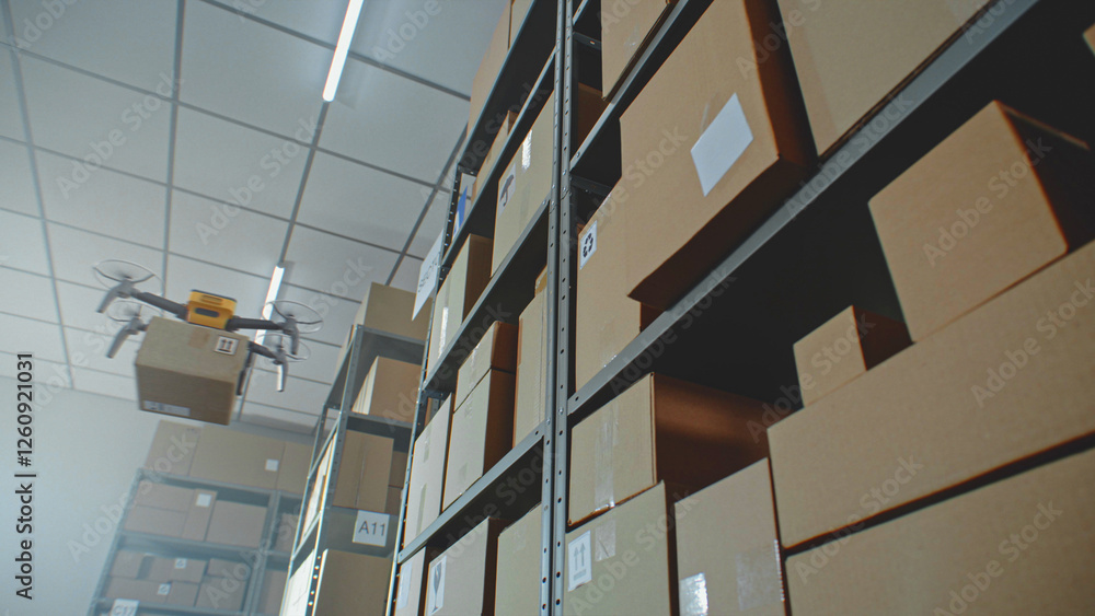Obraz premium Modern Warehouse Facility: Unmanned UAV Drones Delivering Cardboard Boxes with Goods, Online Orders. AI Aerial AGV Transporting Parcels in Logistics Distribution Center. 3D Graphics. Future Technology