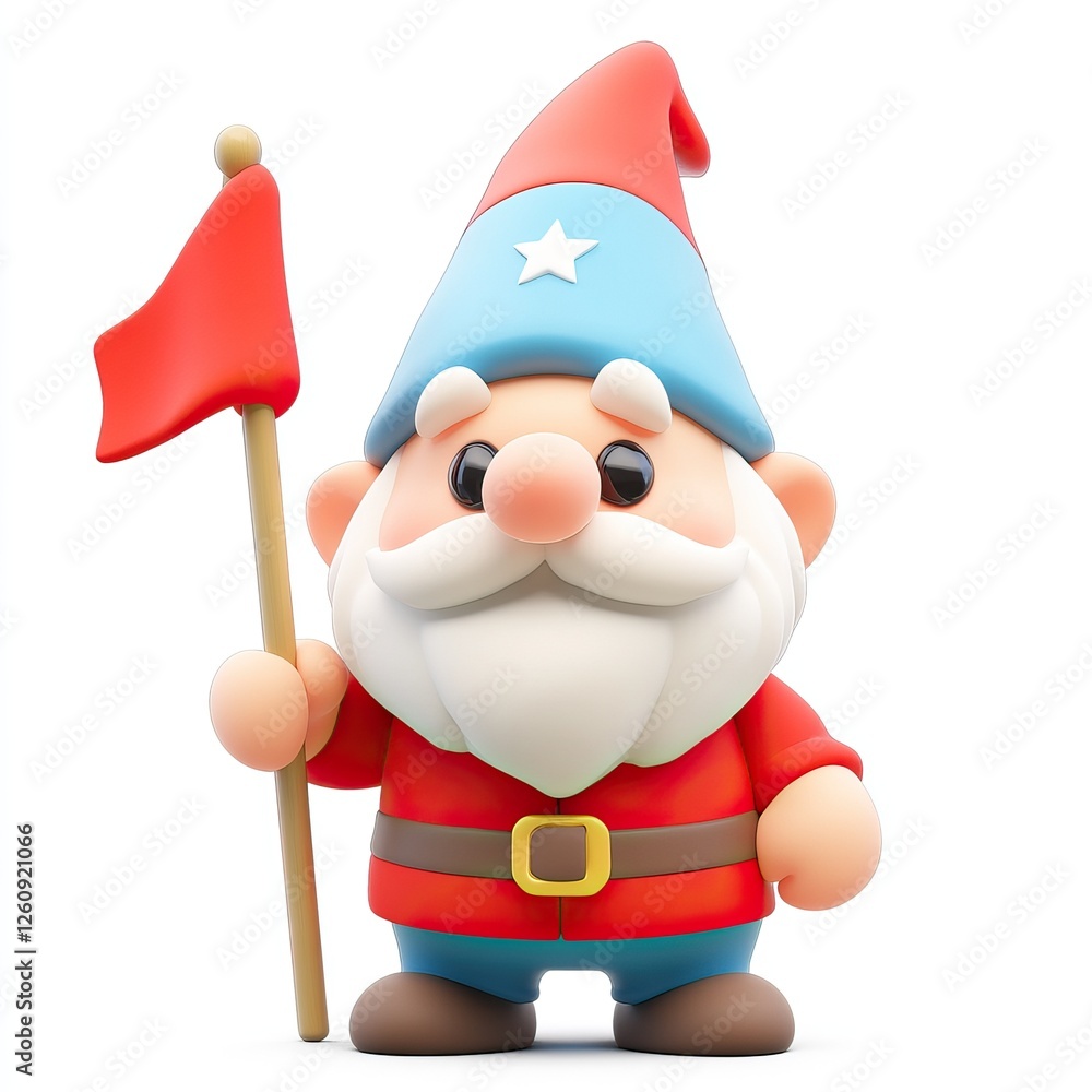 A cheerful cartoon gnome with a blue hat, red outfit, and white beard, holding a small red flag. A cheerful cartoon gnome with a blue hat, red outfit, and white beard, holding a small red flag.