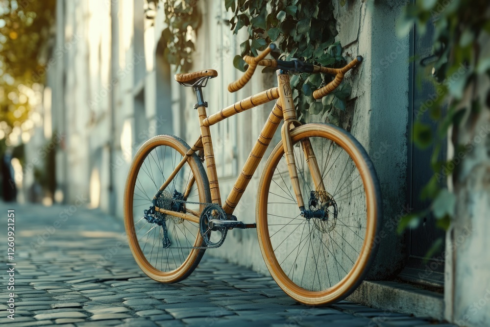 Fototapeta premium A stylish bamboo bicycle leans against a wall, bathed in sunlight, showcasing its eco-friendly design and craftsmanship.