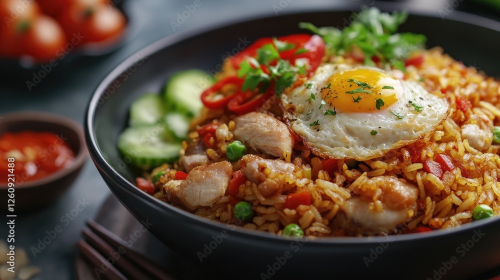 Nasi goreng, fried rice with chicken and egg in Indonesia style. Asian food Nasi goreng, fried rice with chicken and egg in Indonesia style. Asian food