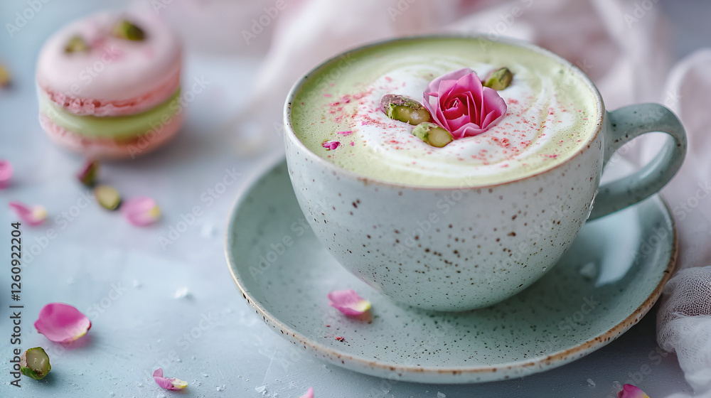 Delicate matcha latte art with pistachio and rose petals, next to a pink macaroon. Sweet treat. Delicate matcha latte art with pistachio and rose petals, next to a pink macaroon. Sweet treat.