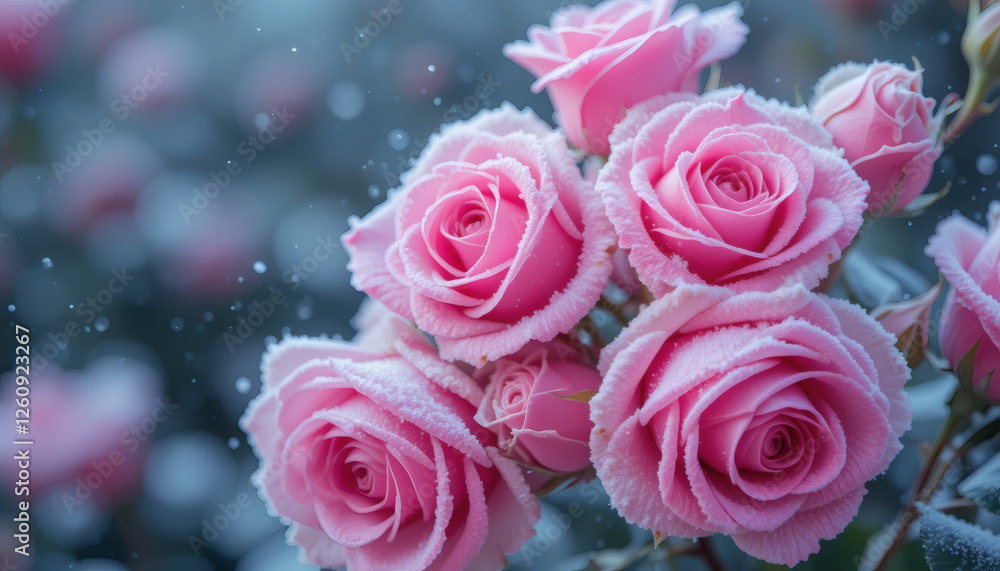 Frozen bright pink roses with delicate ice-covered petals, a beautiful winter floral display. Frozen bright pink roses with delicate ice-covered petals, a beautiful winter floral display.